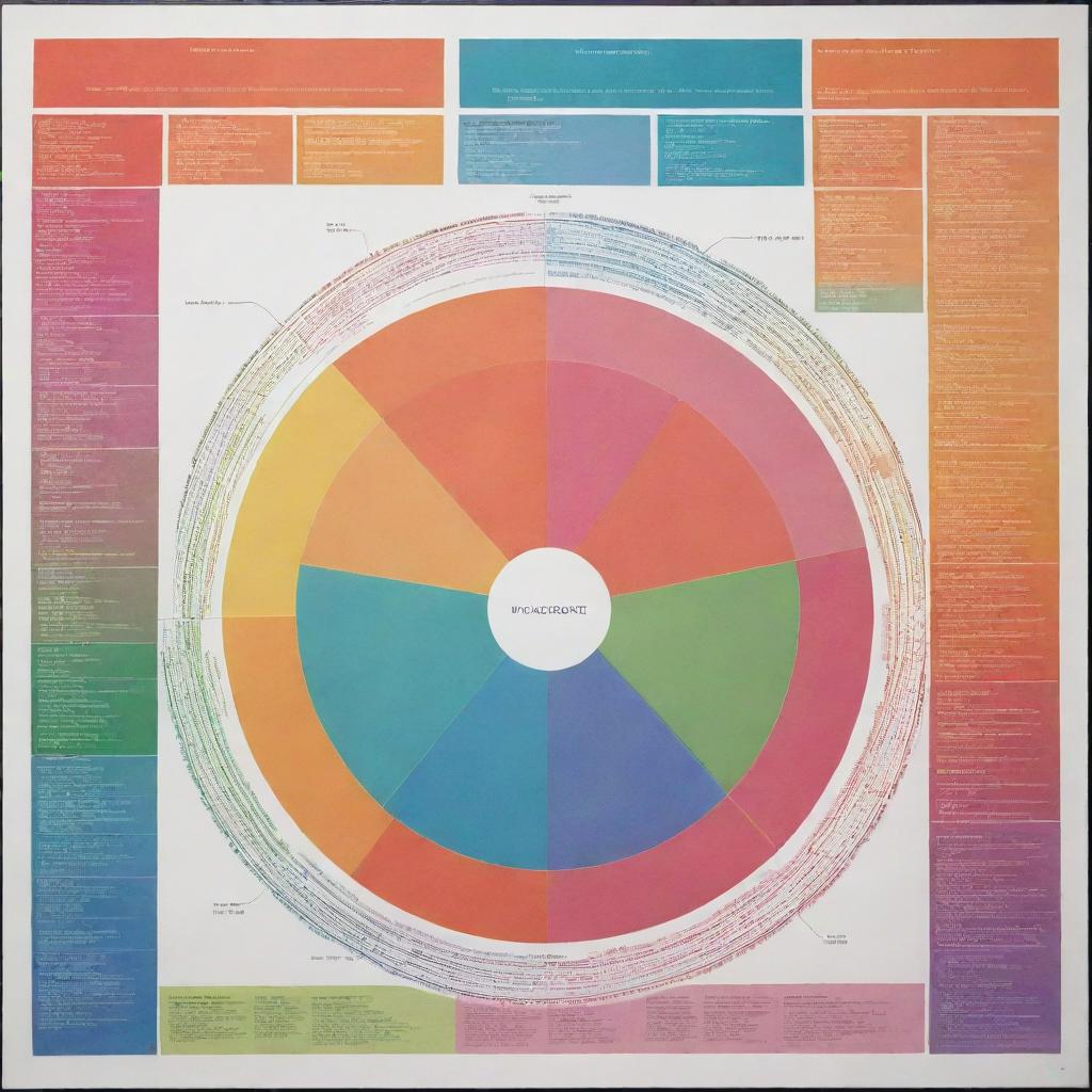 A detailed and complex graph depicting various processes, drawn in a variety of vibrant and bright colors that help differentiate each process.