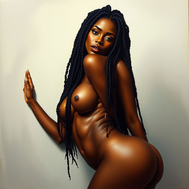 Polished, oil-based painting of a full-body view of a gorgeous black woman with beautiful dreadlocks, stunning breasts, and a big booty, doing a sensual pose