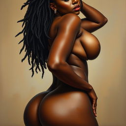 Polished, oil-based painting of a full-body view of a gorgeous black woman with beautiful dreadlocks, stunning breasts, and a big booty, doing a sensual pose