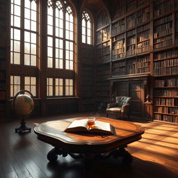 Create an image of a serene ancient library with towering bookshelves filled with books