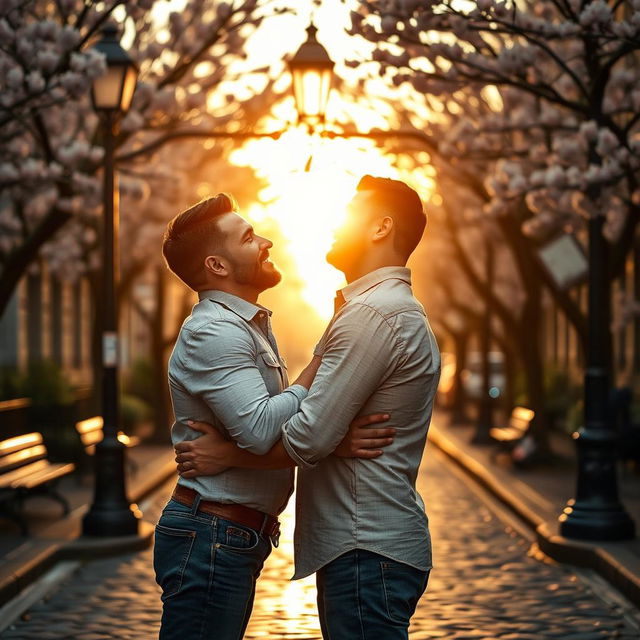 A touching and romantic scene unfolds between two handsome gay men in an intimate embrace, standing on a cobblestone street under the soft glow of a vintage street lamp