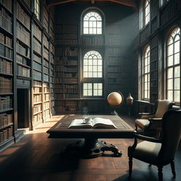 Create an image of a serene ancient library with towering bookshelves filled with books