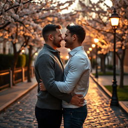 A touching and romantic scene unfolds between two handsome gay men in an intimate embrace, standing on a cobblestone street under the soft glow of a vintage street lamp