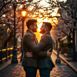 A touching and romantic scene unfolds between two handsome gay men in an intimate embrace, standing on a cobblestone street under the soft glow of a vintage street lamp