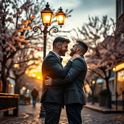 A touching and romantic scene unfolds between two handsome gay men in an intimate embrace, standing on a cobblestone street under the soft glow of a vintage street lamp