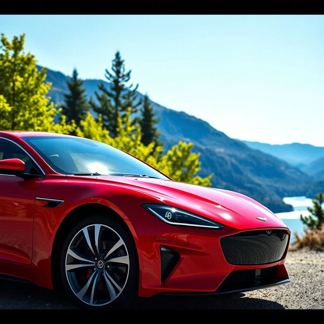 A striking red car with sleek modern design, parked against a scenic mountain backdrop