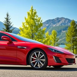 A striking red car with sleek modern design, parked against a scenic mountain backdrop