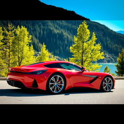 A striking red car with sleek modern design, parked against a scenic mountain backdrop