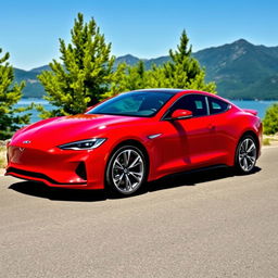 A striking red car with sleek modern design, parked against a scenic mountain backdrop