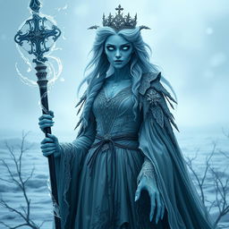 A hauntingly enchanting character inspired by Elsa from "Frozen," reimagined as an undead lich queen in a DND setting