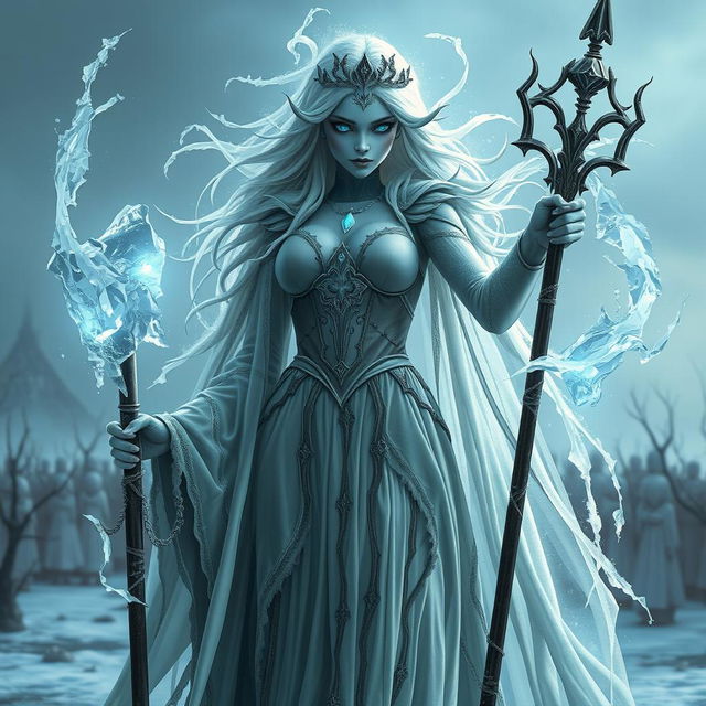 A hauntingly enchanting character inspired by Elsa from "Frozen," reimagined as an undead lich queen in a DND setting