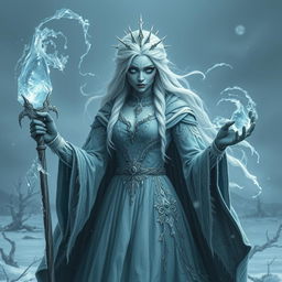 A hauntingly enchanting character inspired by Elsa from "Frozen," reimagined as an undead lich queen in a DND setting