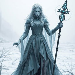 A hauntingly enchanting character inspired by Elsa from "Frozen," reimagined as an undead lich queen in a DND setting