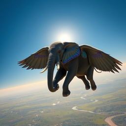 A majestic elephant with large, feathery wings soaring gracefully through the clear blue sky