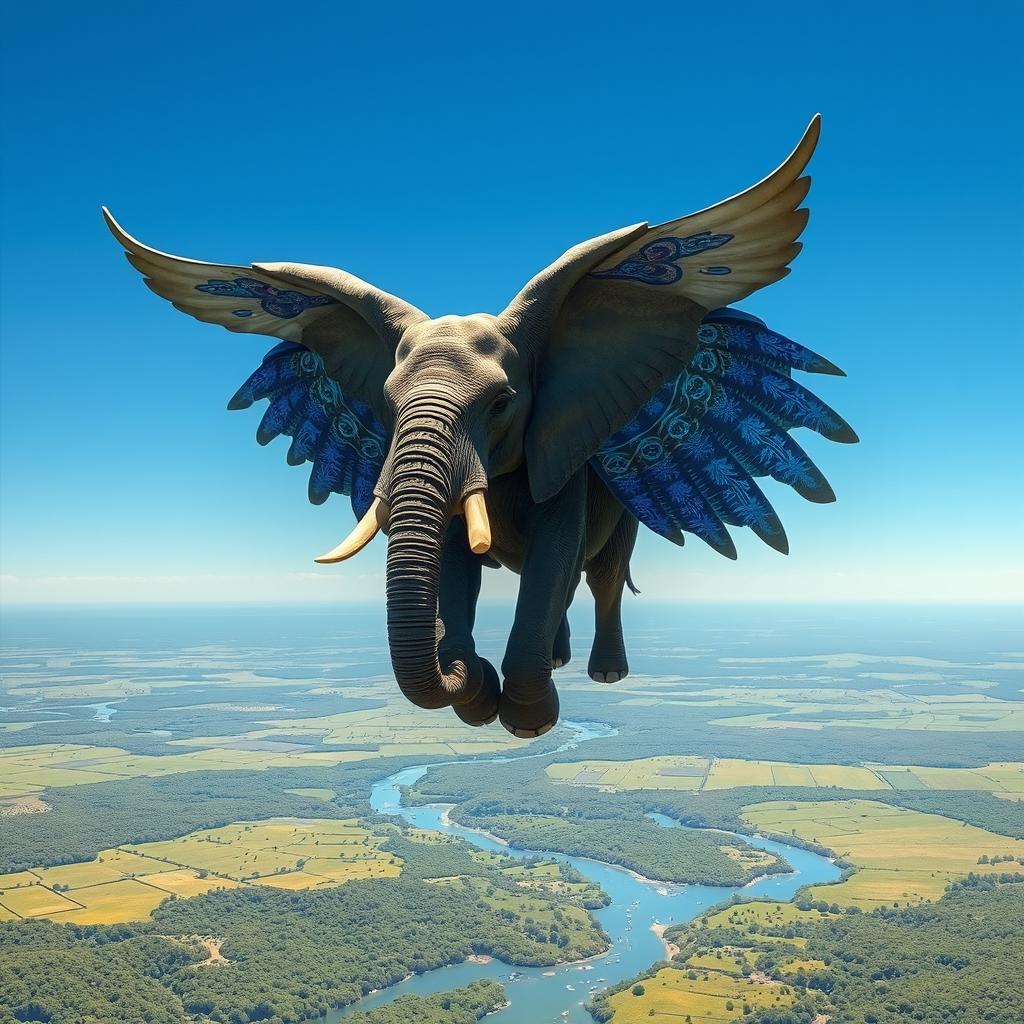 A majestic elephant with large, feathery wings soaring gracefully through the clear blue sky