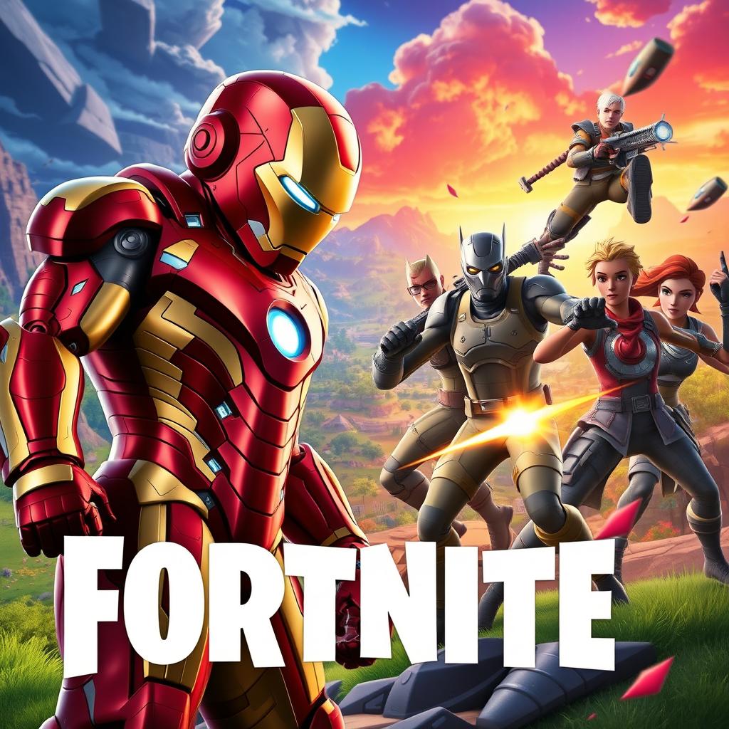 A captivating Fortnite themed banner featuring an epic showdown between Iron Man and Fortnite characters