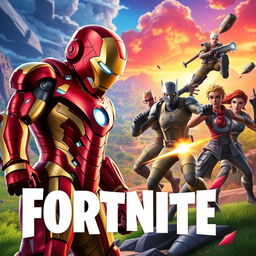 A captivating Fortnite themed banner featuring an epic showdown between Iron Man and Fortnite characters