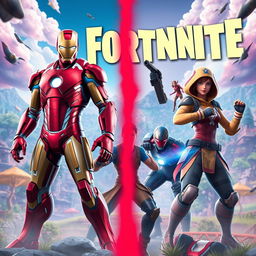 A captivating Fortnite themed banner featuring an epic showdown between Iron Man and Fortnite characters