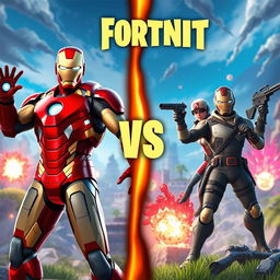 A captivating Fortnite themed banner featuring an epic showdown between Iron Man and Fortnite characters