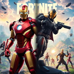 A captivating Fortnite themed banner featuring an epic showdown between Iron Man and Fortnite characters