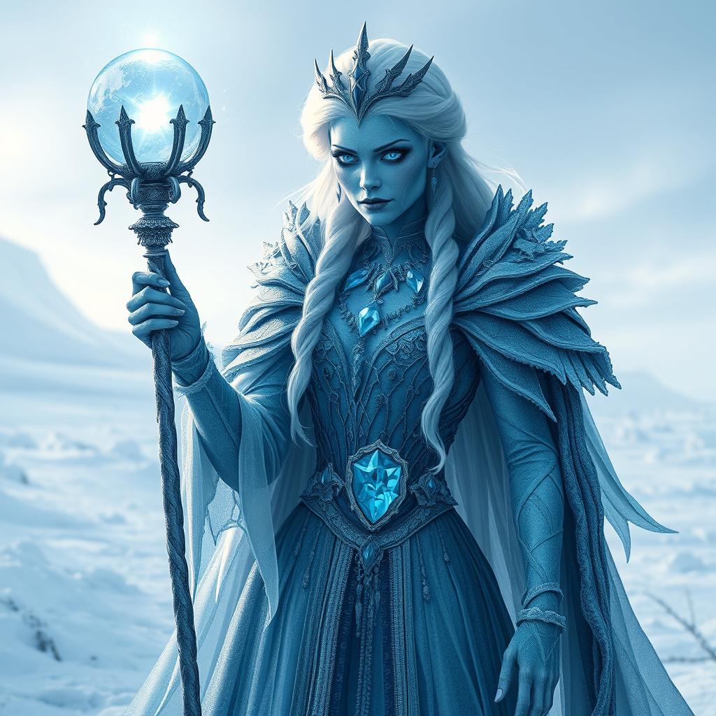 A mesmerizing interpretation of Elsa from "Frozen," transformed into an undead lich queen in a DND universe