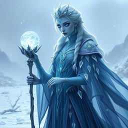 A mesmerizing interpretation of Elsa from "Frozen," transformed into an undead lich queen in a DND universe