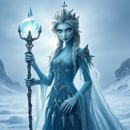 A mesmerizing interpretation of Elsa from "Frozen," transformed into an undead lich queen in a DND universe