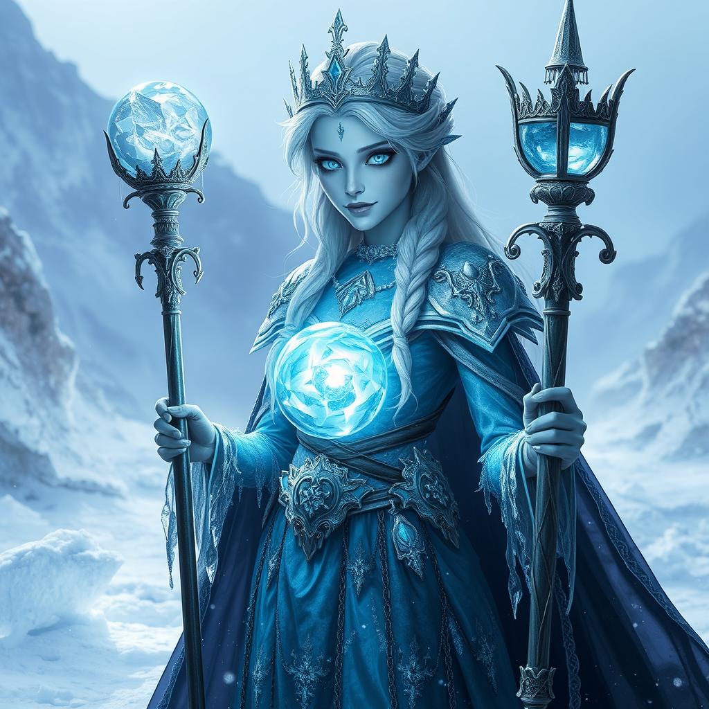 A mesmerizing interpretation of Elsa from "Frozen," transformed into an undead lich queen in a DND universe