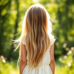 A charming image of a girl seen from behind, standing in a serene natural setting