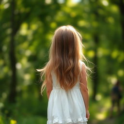 A charming image of a girl seen from behind, standing in a serene natural setting