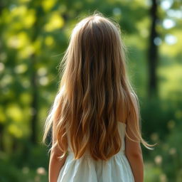 A charming image of a girl seen from behind, standing in a serene natural setting