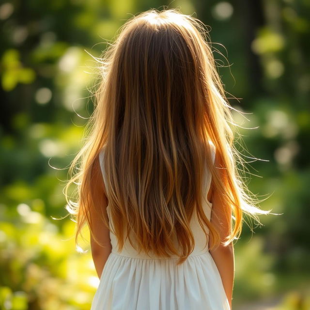 A charming image of a girl seen from behind, standing in a serene natural setting