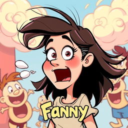 A humorous cartoon illustration featuring a character named Fanny with an exaggerated, comedic expression