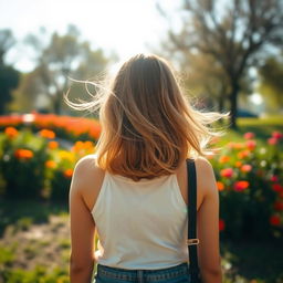 A visually engaging image of a teenage girl seen from behind, standing in a beautiful natural setting