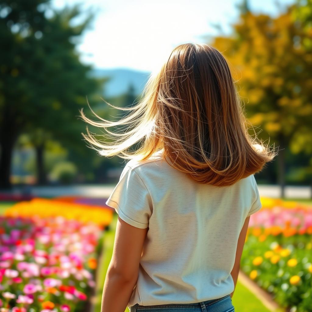 A visually engaging image of a teenage girl seen from behind, standing in a beautiful natural setting