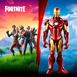 A captivating banner featuring an impressive split design; on one side, iconic characters from Fortnite in their trademark vibrant and dynamic poses set within a lively Fortnite landscape