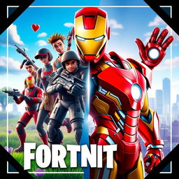 A captivating banner featuring an impressive split design; on one side, iconic characters from Fortnite in their trademark vibrant and dynamic poses set within a lively Fortnite landscape