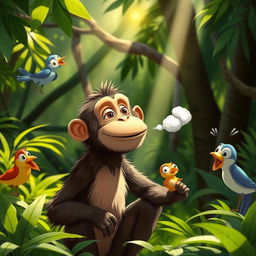 A humorous scene of a monkey in a jungle setting with a mischievous expression on its face as it cheekily releases a little puff of air