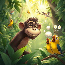 A humorous scene of a monkey in a jungle setting with a mischievous expression on its face as it cheekily releases a little puff of air