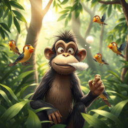 A humorous scene of a monkey in a jungle setting with a mischievous expression on its face as it cheekily releases a little puff of air