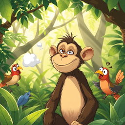 A humorous scene of a monkey in a jungle setting with a mischievous expression on its face as it cheekily releases a little puff of air