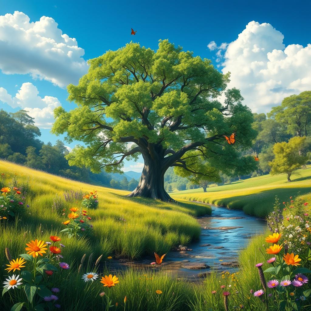 A serene landscape scene featuring a large sapling tree in the center, surrounded by lush greenery and colorful wildflowers