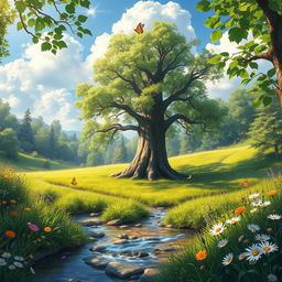 A serene landscape scene featuring a large sapling tree in the center, surrounded by lush greenery and colorful wildflowers