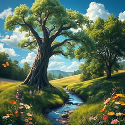 A serene landscape scene featuring a large sapling tree in the center, surrounded by lush greenery and colorful wildflowers