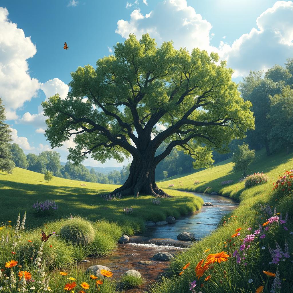 A serene landscape scene featuring a large sapling tree in the center, surrounded by lush greenery and colorful wildflowers