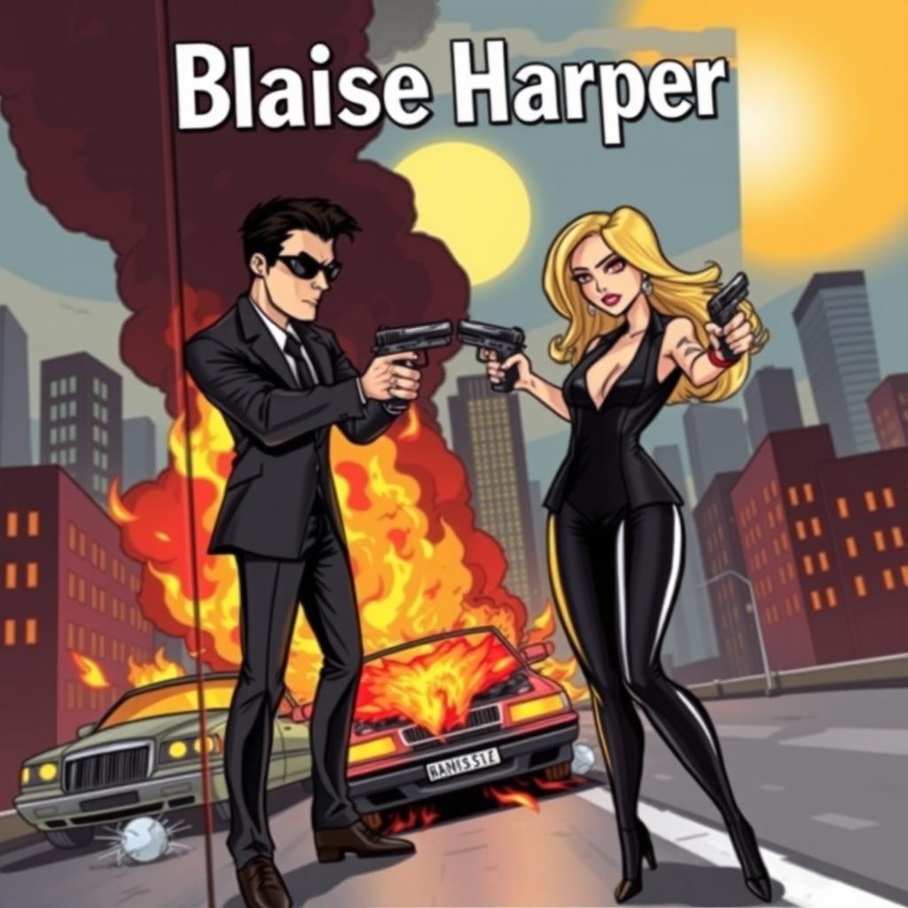 Cartoon-style book cover featuring a man and a woman dressed in sleek mafia-style black outfits, each pointing guns at the other