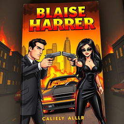 Cartoon-style book cover featuring a man and a woman dressed in sleek mafia-style black outfits, each pointing guns at the other