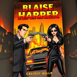 Cartoon-style book cover featuring a man and a woman dressed in sleek mafia-style black outfits, each pointing guns at the other