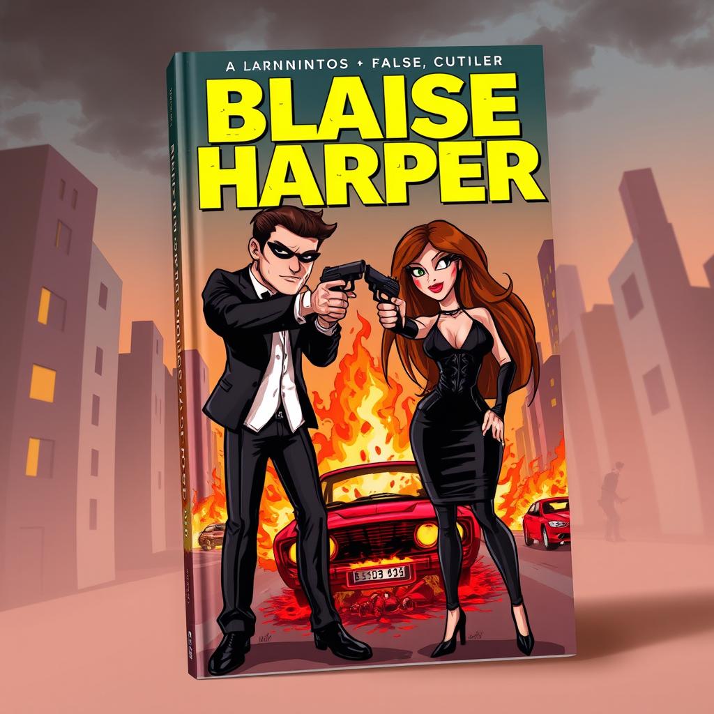 Cartoon-style book cover featuring a man and a woman dressed in sleek mafia-style black outfits, each pointing guns at the other