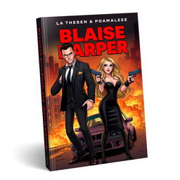 Cartoon-style book cover featuring a man and a woman dressed in sleek mafia-style black outfits, each pointing guns at the other